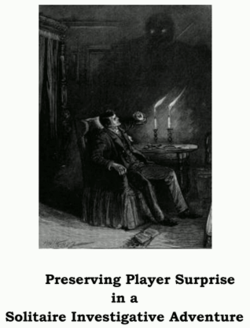 Коротко стриженный человек сидит при свечах, из его рук выпала книга, он закрывается рукой от огромной фигуры, нарисованной тенью на стене. Preserving Player Surprise in a Solitaire Investigative Adventure
