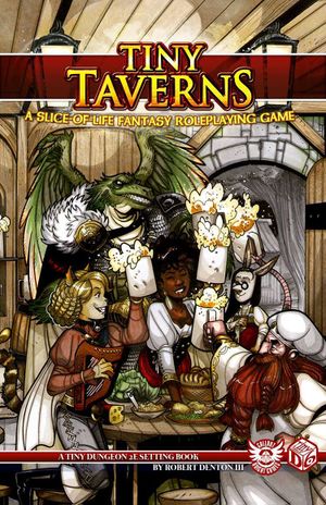 Разношёрстная компания чокается кружками пива. Текст: Tiny Taverns / A Slice-of-Life Fantasy Roleplaying Game / A Tiny Dungeon 2e Setting Book / By Robert Denton III