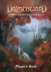 Фигура на лошади смотрит на замок на далёком острове. На осенних деревьях сидят птицы. Текст: Dolmenwood / Adventure and Peril in Fairytale Woods / Player’s book